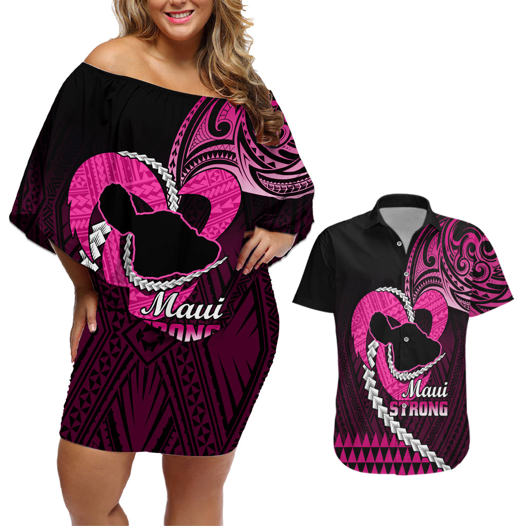Personalised Hawaii Couples Matching Off Shoulder Short Dress and Hawaiian Shirt Maui Be Strong Kakau Pink Version LT01 Pink - Polynesian Pride