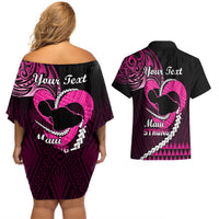 Personalised Hawaii Couples Matching Off Shoulder Short Dress and Hawaiian Shirt Maui Be Strong Kakau Pink Version LT01 - Polynesian Pride