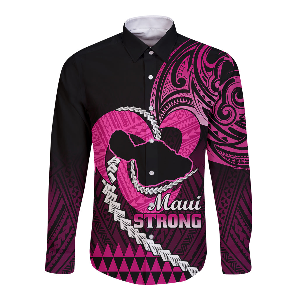 Personalised Hawaii Long Sleeve Button Shirt Maui Be Strong Kakau Pink Version LT01 Unisex Pink - Polynesian Pride