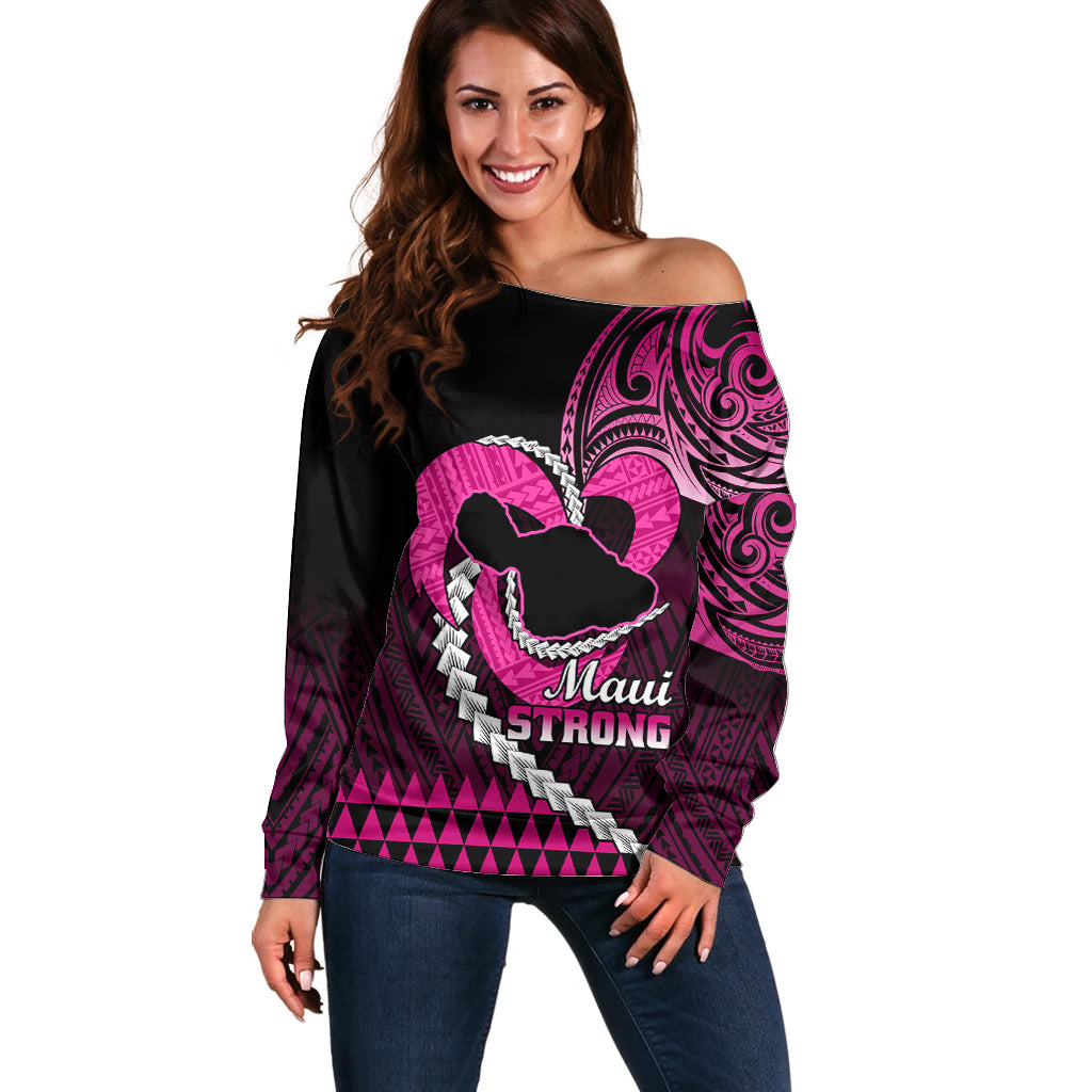 Personalised Hawaii Off Shoulder Sweater Maui Be Strong Kakau Pink Version LT01 Women Pink - Polynesian Pride