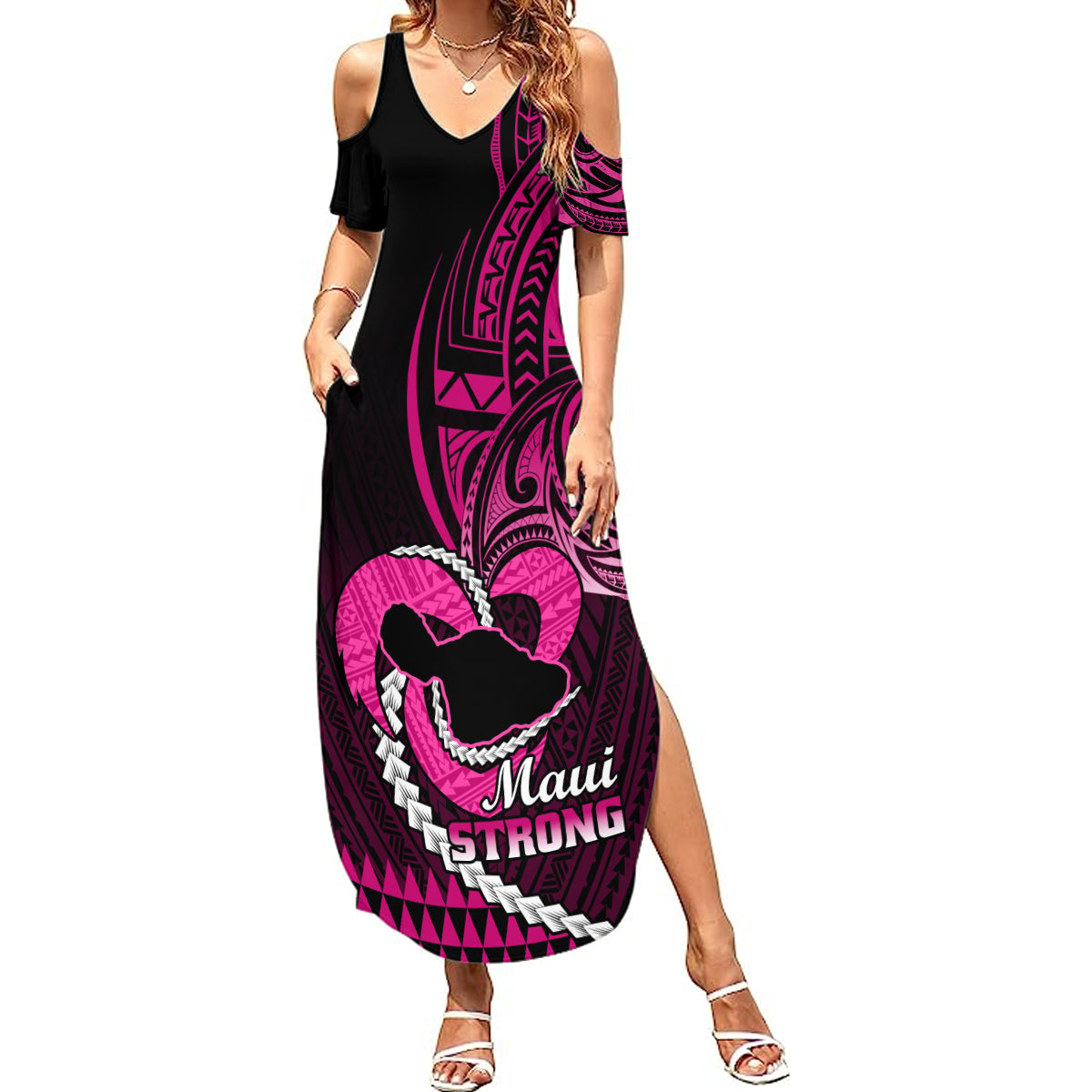 Personalised Hawaii Summer Maxi Dress Maui Be Strong Kakau Pink Version LT01 Women Pink - Polynesian Pride