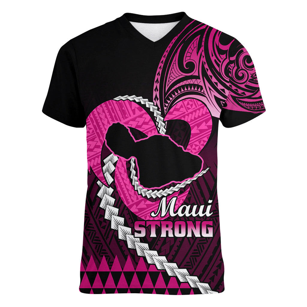 Personalised Hawaii Women V Neck T Shirt Maui Be Strong Kakau Pink Version LT01 Female Pink - Polynesian Pride