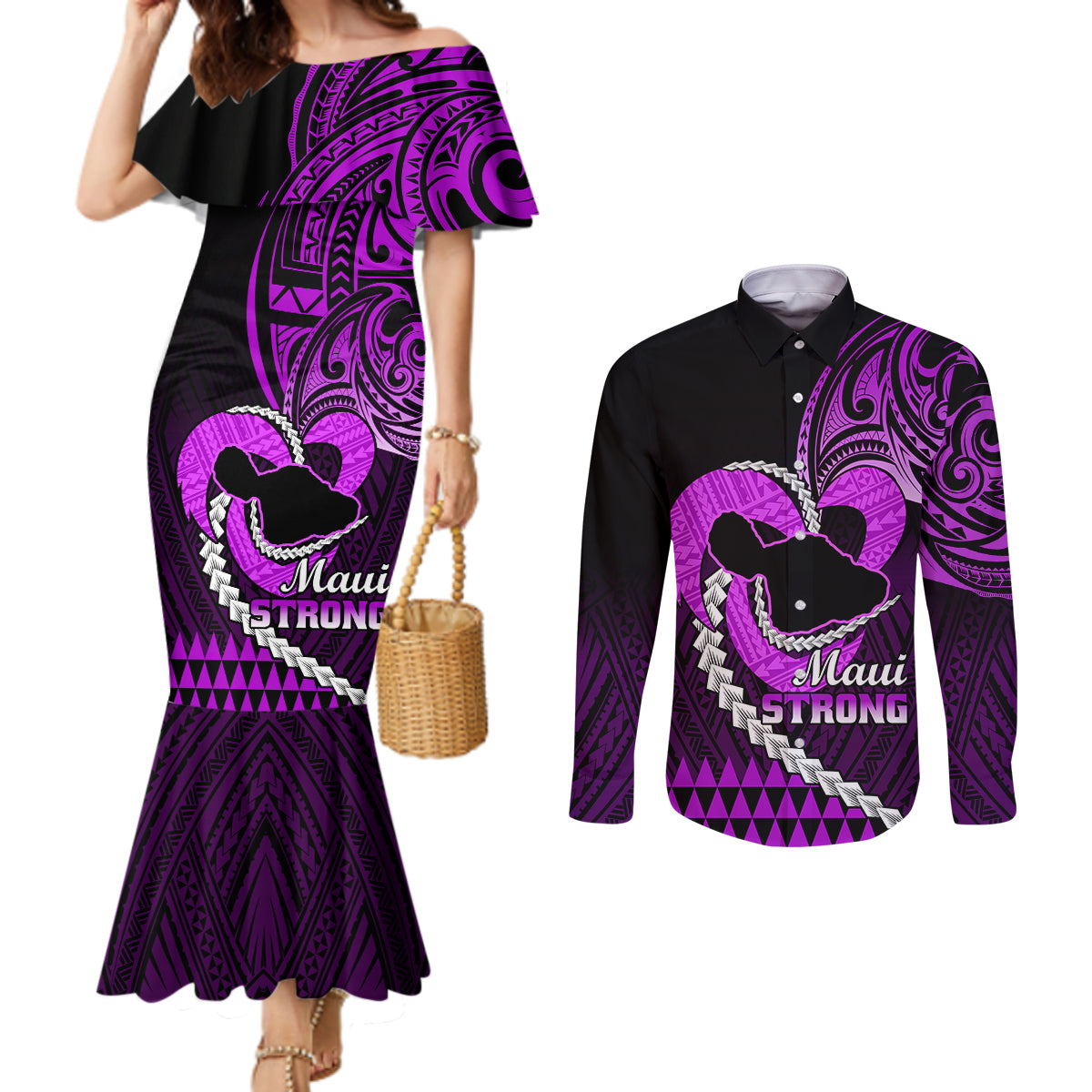 Personalised Hawaii Couples Matching Mermaid Dress and Long Sleeve Button Shirts Maui Be Strong Kakau Purple Version LT01 Purple - Polynesian Pride