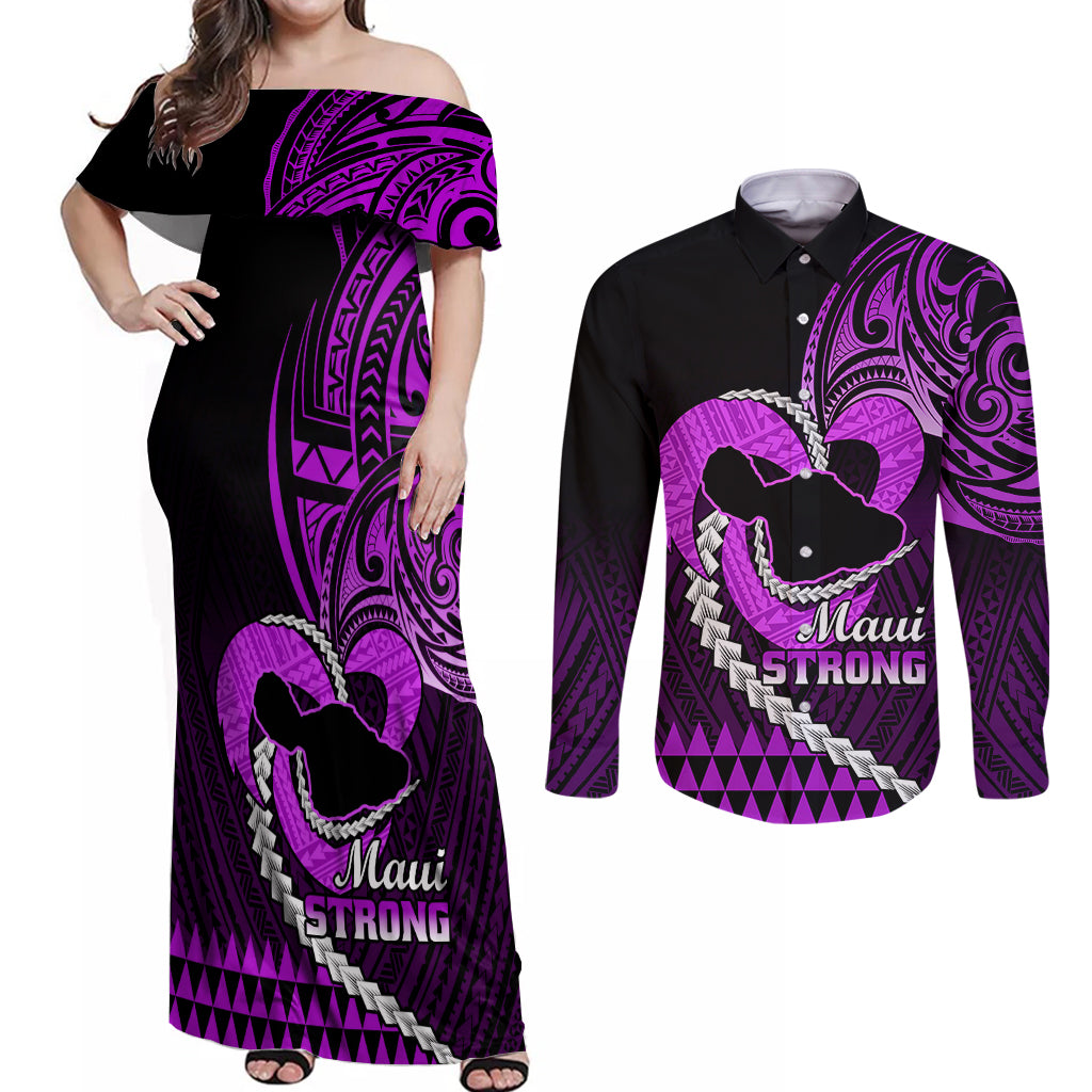 Personalised Hawaii Couples Matching Off Shoulder Maxi Dress and Long Sleeve Button Shirts Maui Be Strong Kakau Purple Version LT01 Purple - Polynesian Pride