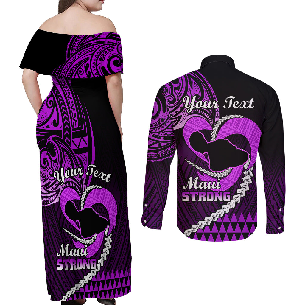 Personalised Hawaii Couples Matching Off Shoulder Maxi Dress and Long Sleeve Button Shirts Maui Be Strong Kakau Purple Version LT01 - Polynesian Pride