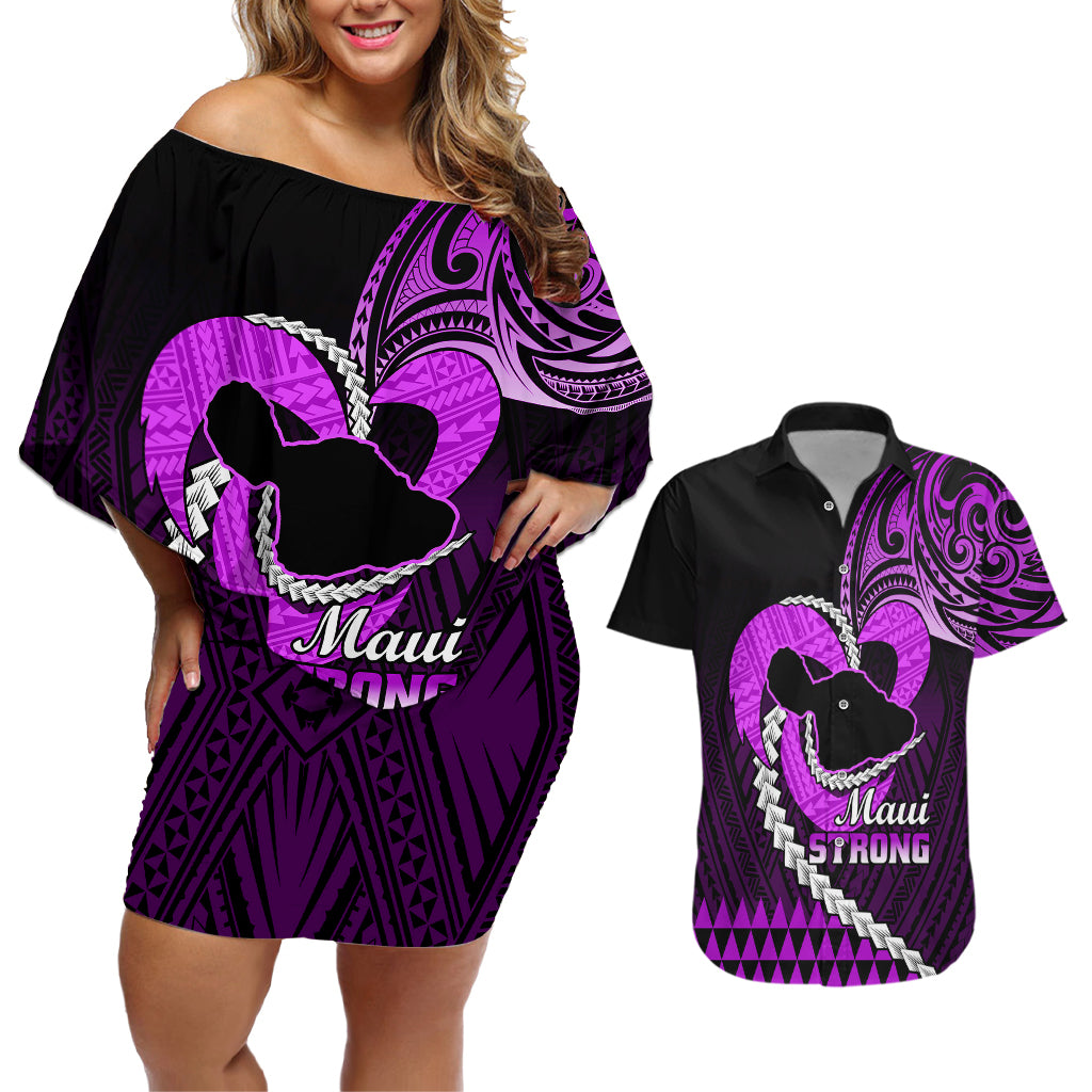 Personalised Hawaii Couples Matching Off Shoulder Short Dress and Hawaiian Shirt Maui Be Strong Kakau Purple Version LT01 Purple - Polynesian Pride