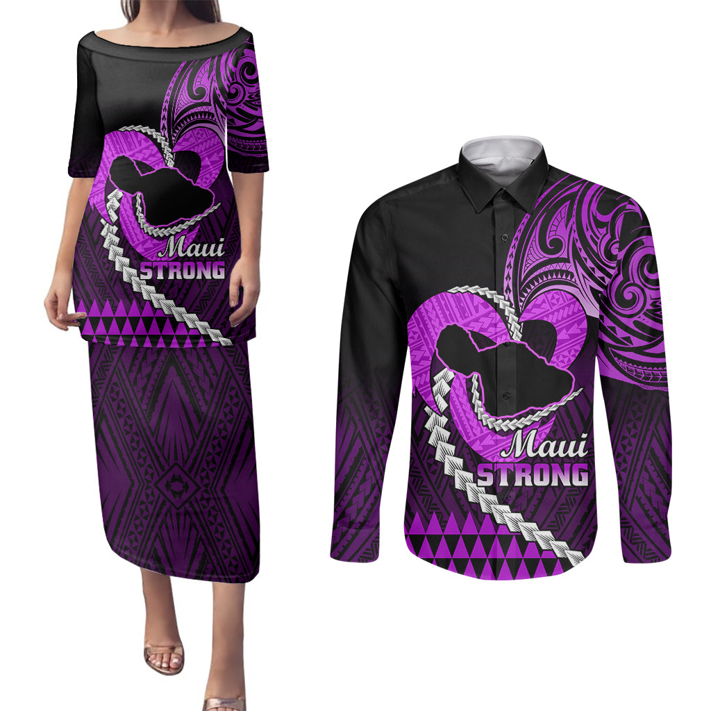 Personalised Hawaii Couples Matching Puletasi Dress and Long Sleeve Button Shirts Maui Be Strong Kakau Purple Version LT01 Purple - Polynesian Pride
