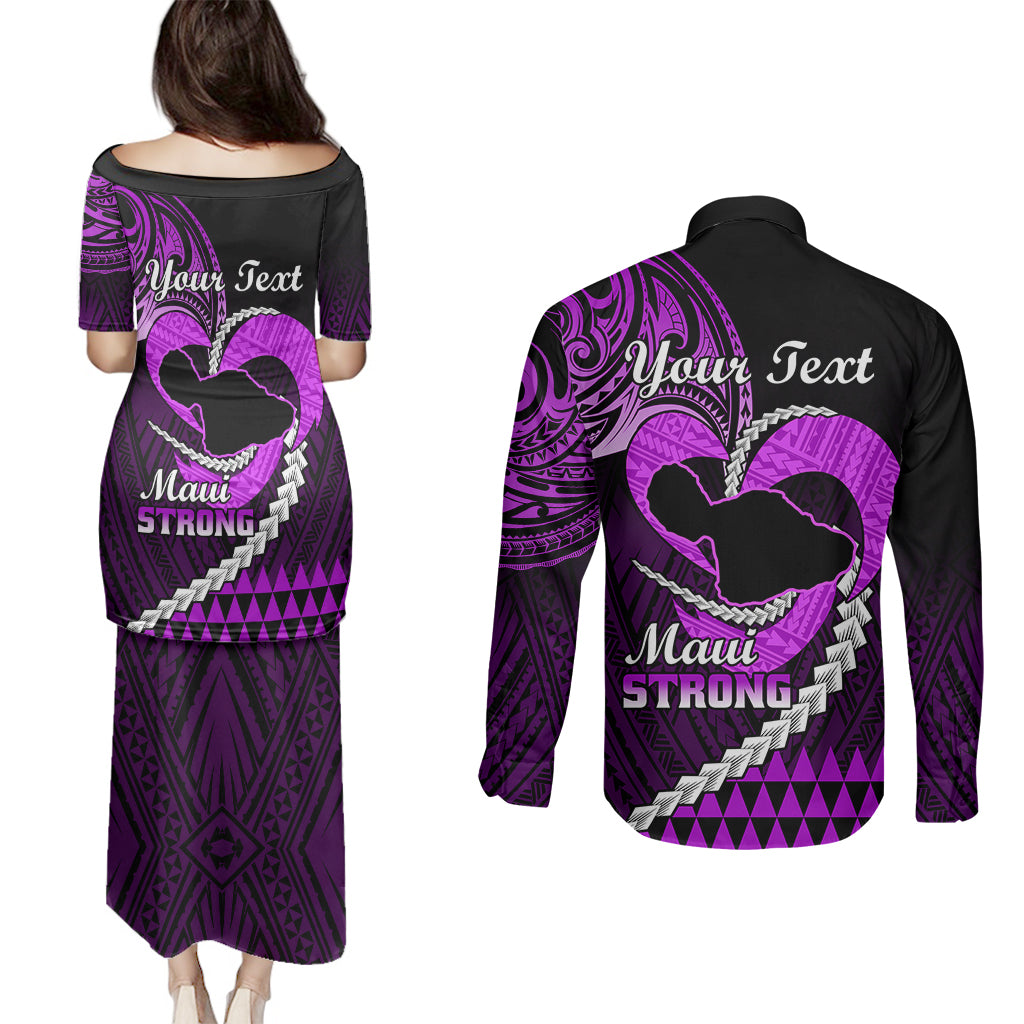 Personalised Hawaii Couples Matching Puletasi Dress and Long Sleeve Button Shirts Maui Be Strong Kakau Purple Version LT01 - Polynesian Pride
