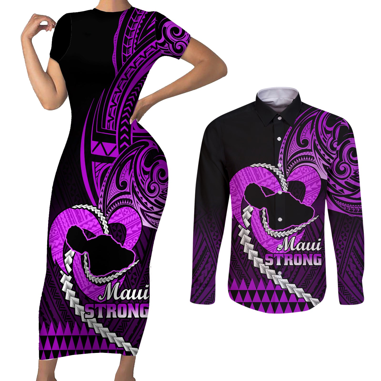 Personalised Hawaii Couples Matching Short Sleeve Bodycon Dress and Long Sleeve Button Shirts Maui Be Strong Kakau Purple Version LT01 Purple - Polynesian Pride