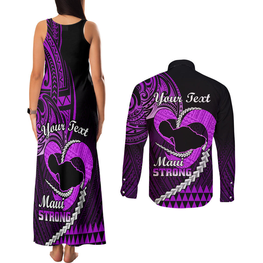 Personalised Hawaii Couples Matching Tank Maxi Dress and Long Sleeve Button Shirts Maui Be Strong Kakau Purple Version LT01 - Polynesian Pride