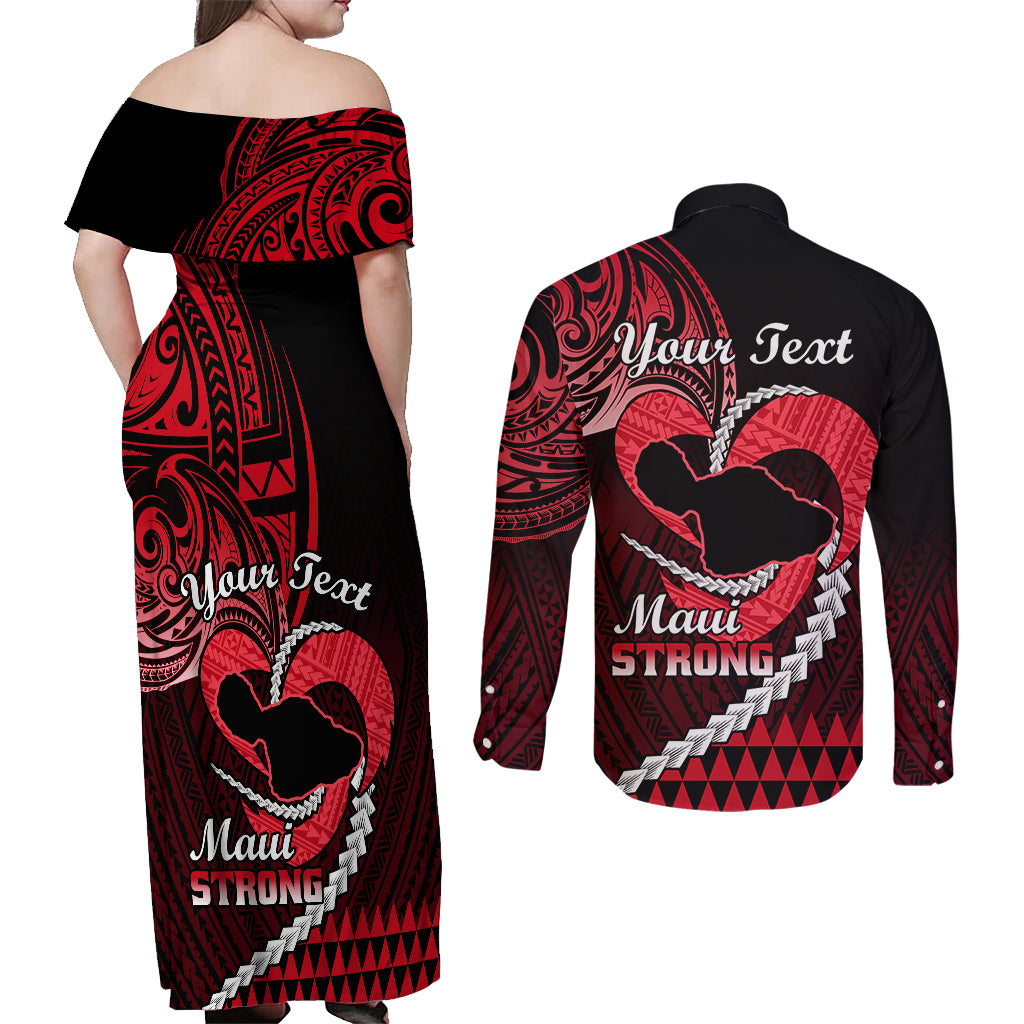 Personalised Hawaii Couples Matching Off Shoulder Maxi Dress and Long Sleeve Button Shirts Maui Be Strong Kakau Red Version LT01 - Polynesian Pride