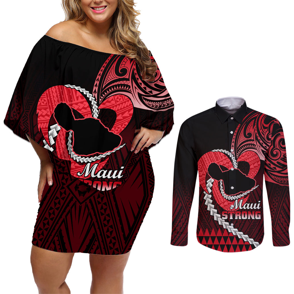 Personalised Hawaii Couples Matching Off Shoulder Short Dress and Long Sleeve Button Shirts Maui Be Strong Kakau Red Version LT01 Red - Polynesian Pride