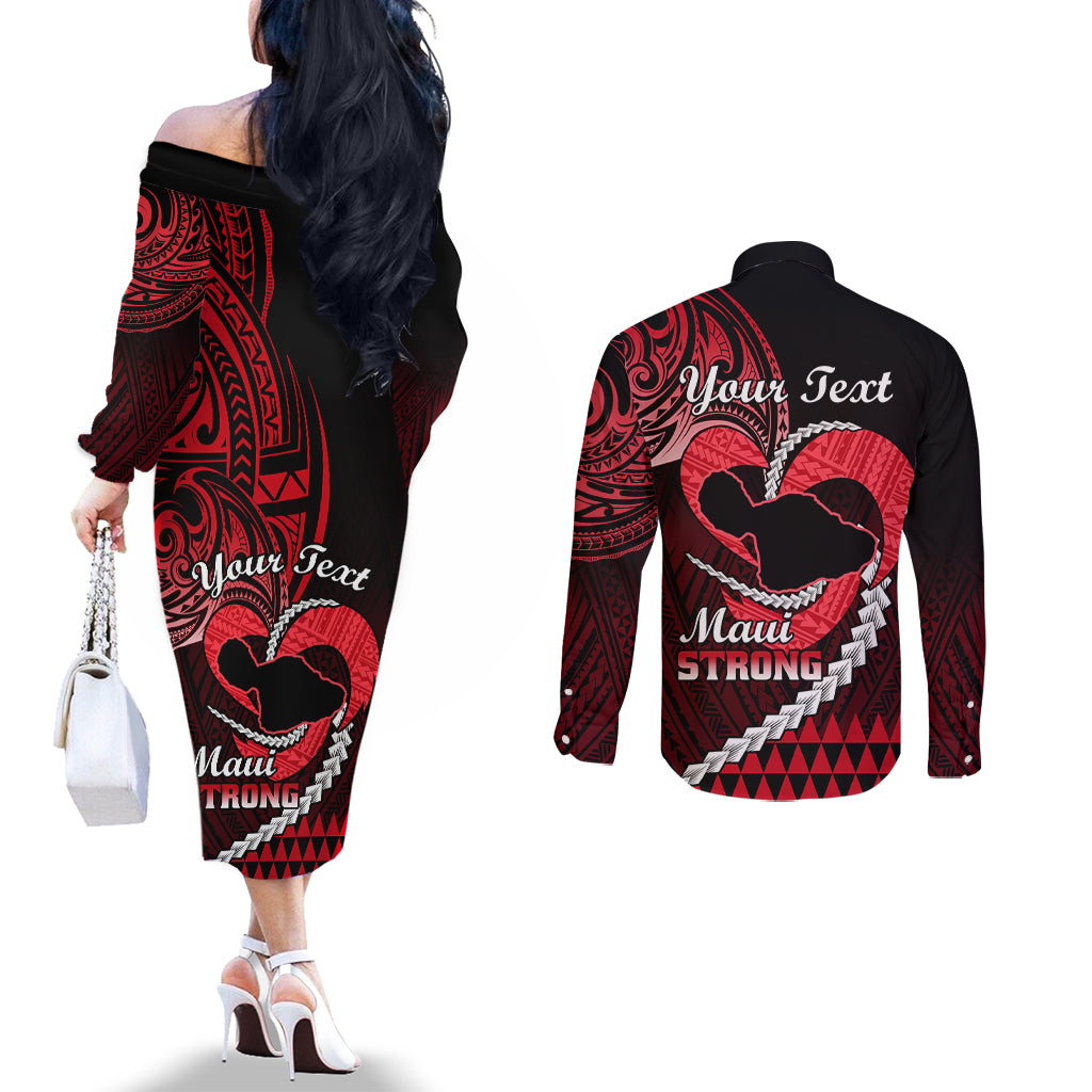 Personalised Hawaii Couples Matching Off The Shoulder Long Sleeve Dress and Long Sleeve Button Shirts Maui Be Strong Kakau Red Version LT01 - Polynesian Pride