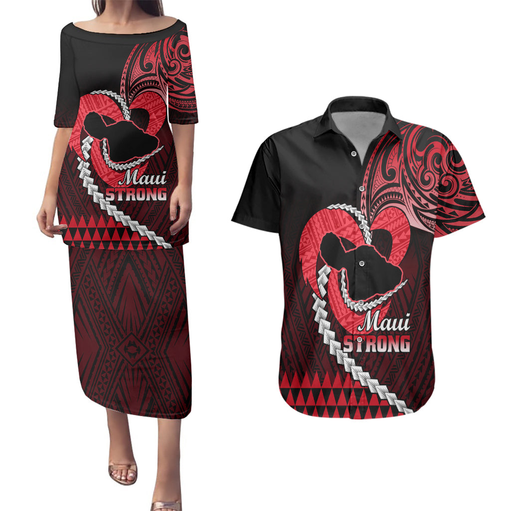 Personalised Hawaii Couples Matching Puletasi Dress and Hawaiian Shirt Maui Be Strong Kakau Red Version LT01 Red - Polynesian Pride