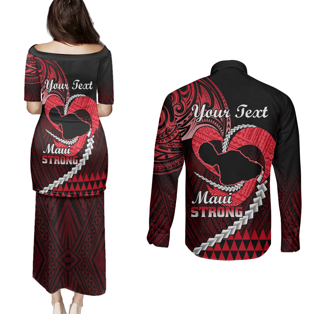 Personalised Hawaii Couples Matching Puletasi Dress and Long Sleeve Button Shirts Maui Be Strong Kakau Red Version LT01 - Polynesian Pride