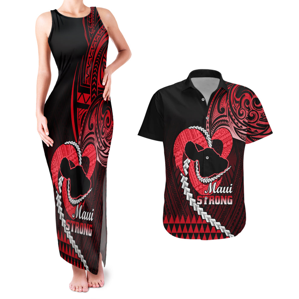 Personalised Hawaii Couples Matching Tank Maxi Dress and Hawaiian Shirt Maui Be Strong Kakau Red Version LT01 Red - Polynesian Pride