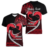Personalised Hawaii Women V Neck T Shirt Maui Be Strong Kakau Red Version LT01 - Polynesian Pride