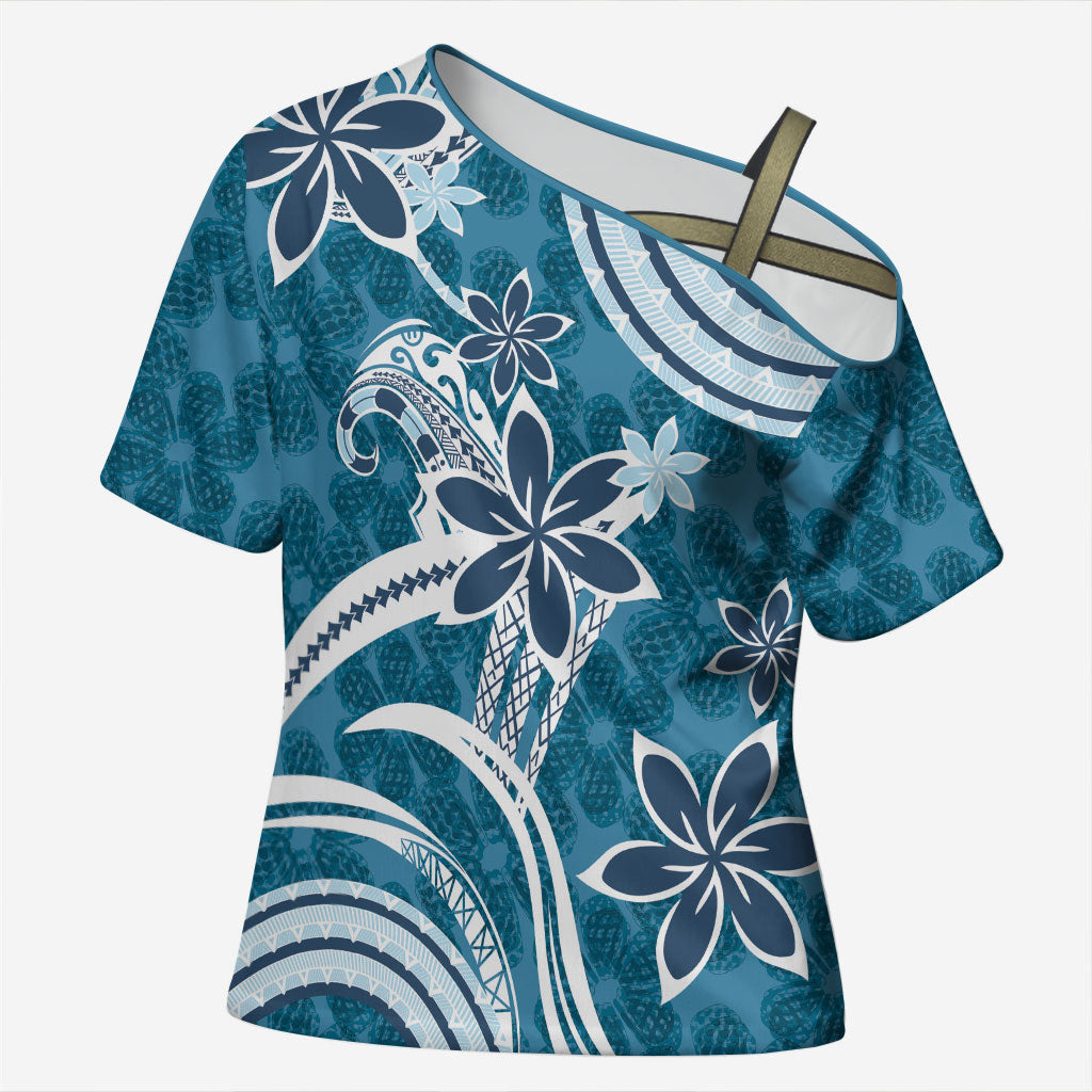 Hawaii Pupuala Plumeria Blue Cross Shoulder Shirt Polynesian Pattern LT01 Female Blue - Polynesian Pride