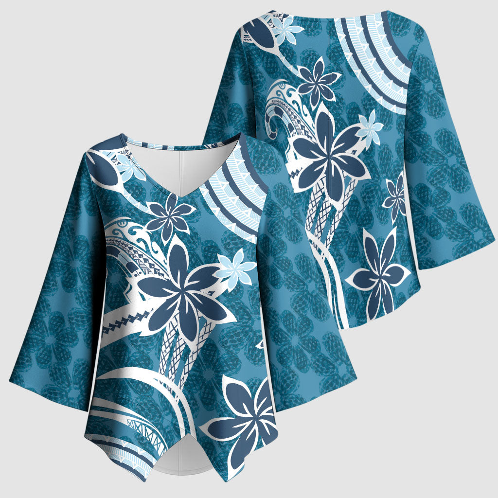 Hawaii Pupuala Plumeria Blue Kimono Sleeve Blouse Polynesian Pattern LT01 - Polynesian Pride