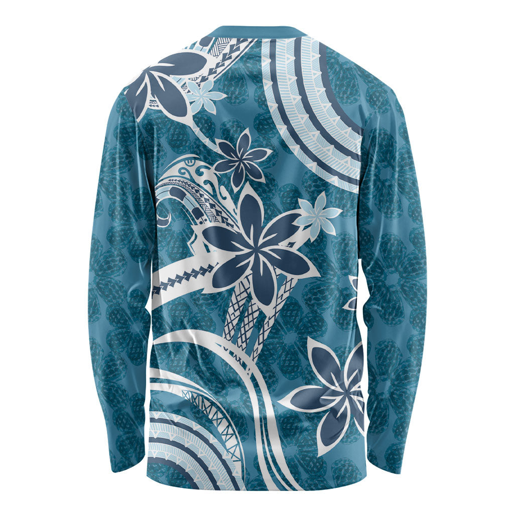 Hawaii Pupuala Plumeria Blue Long Sleeve Shirt Polynesian Pattern LT01 - Polynesian Pride