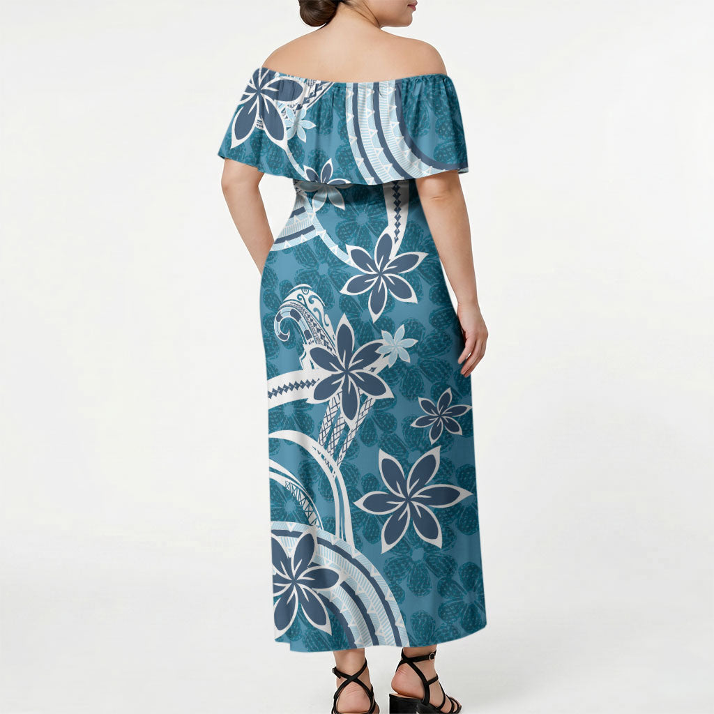 Hawaii Pupuala Plumeria Blue Off Shoulder Maxi Dress Polynesian Pattern LT01 - Polynesian Pride