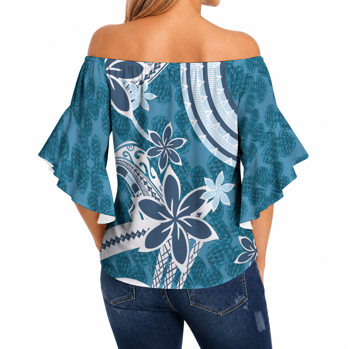 Hawaii Pupuala Plumeria Blue Off Shoulder Wrap Waist Top Polynesian Pattern LT01 - Polynesian Pride