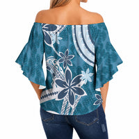 Hawaii Pupuala Plumeria Blue Off Shoulder Wrap Waist Top Polynesian Pattern LT01 - Polynesian Pride