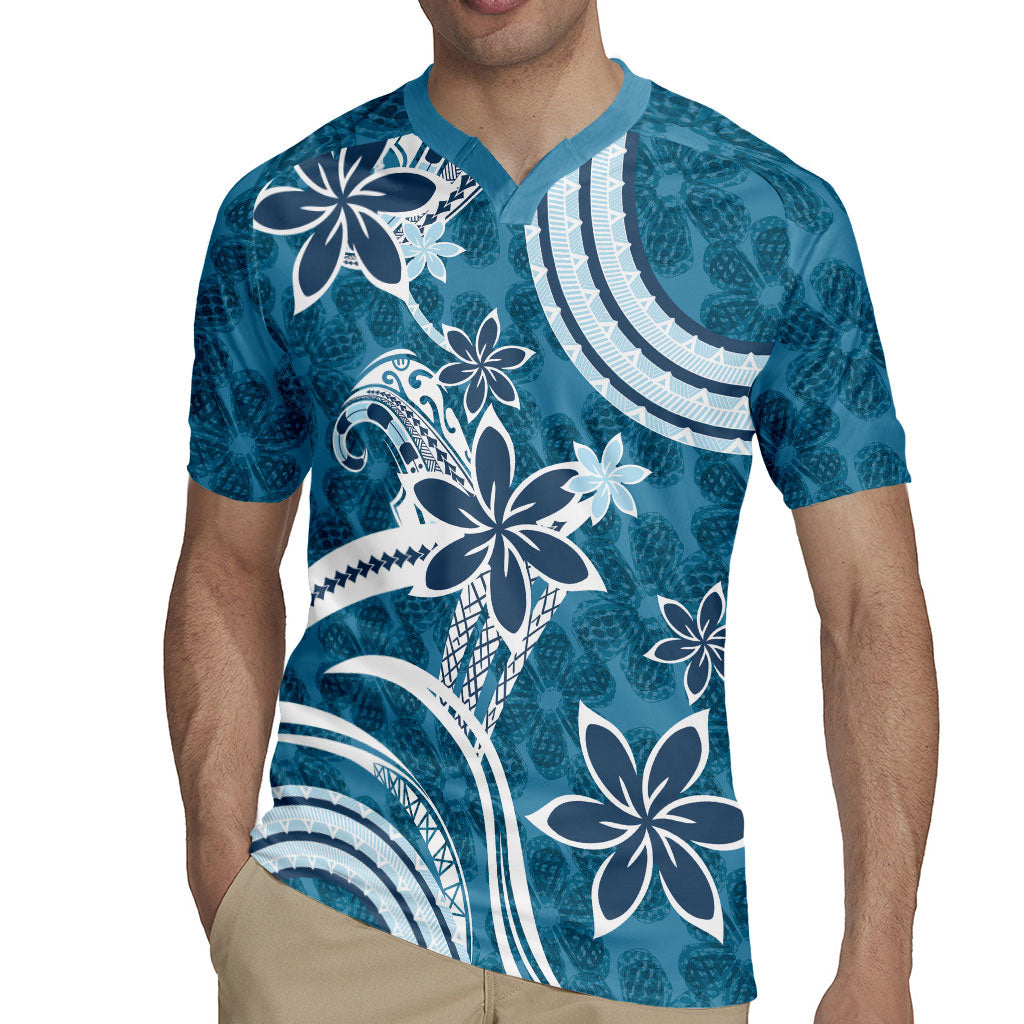 Hawaii Pupuala Plumeria Blue Rugby Jersey Polynesian Pattern LT01 - Polynesian Pride