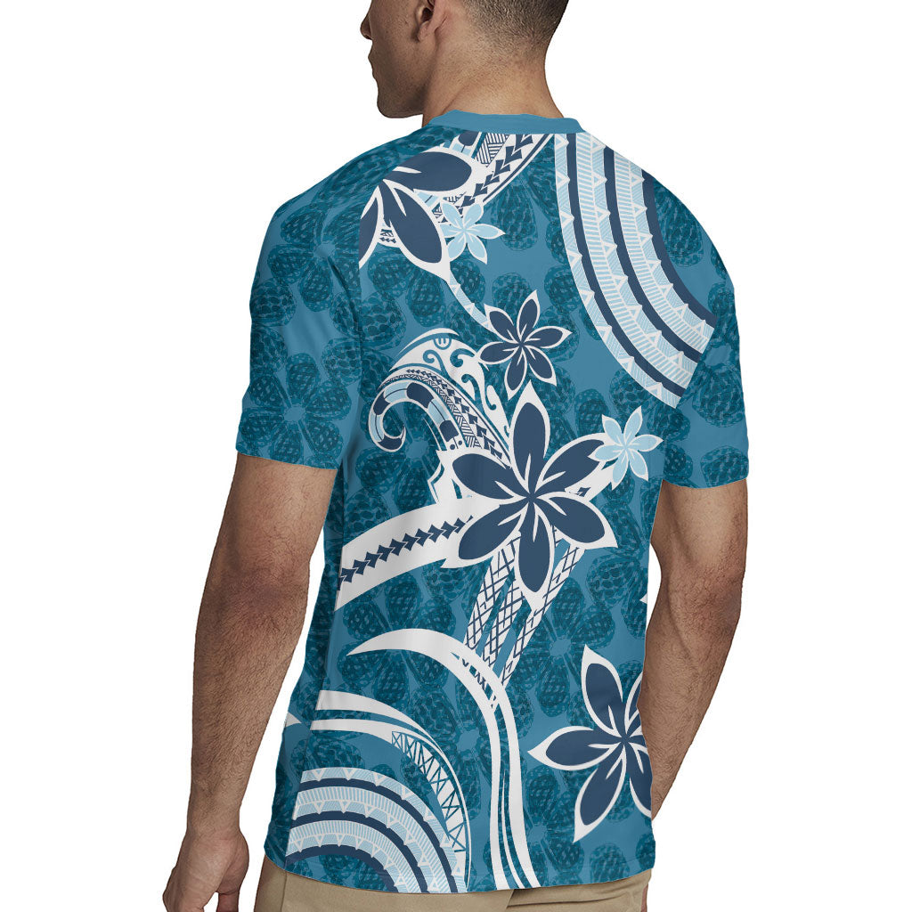 Hawaii Pupuala Plumeria Blue Rugby Jersey Polynesian Pattern LT01 - Polynesian Pride