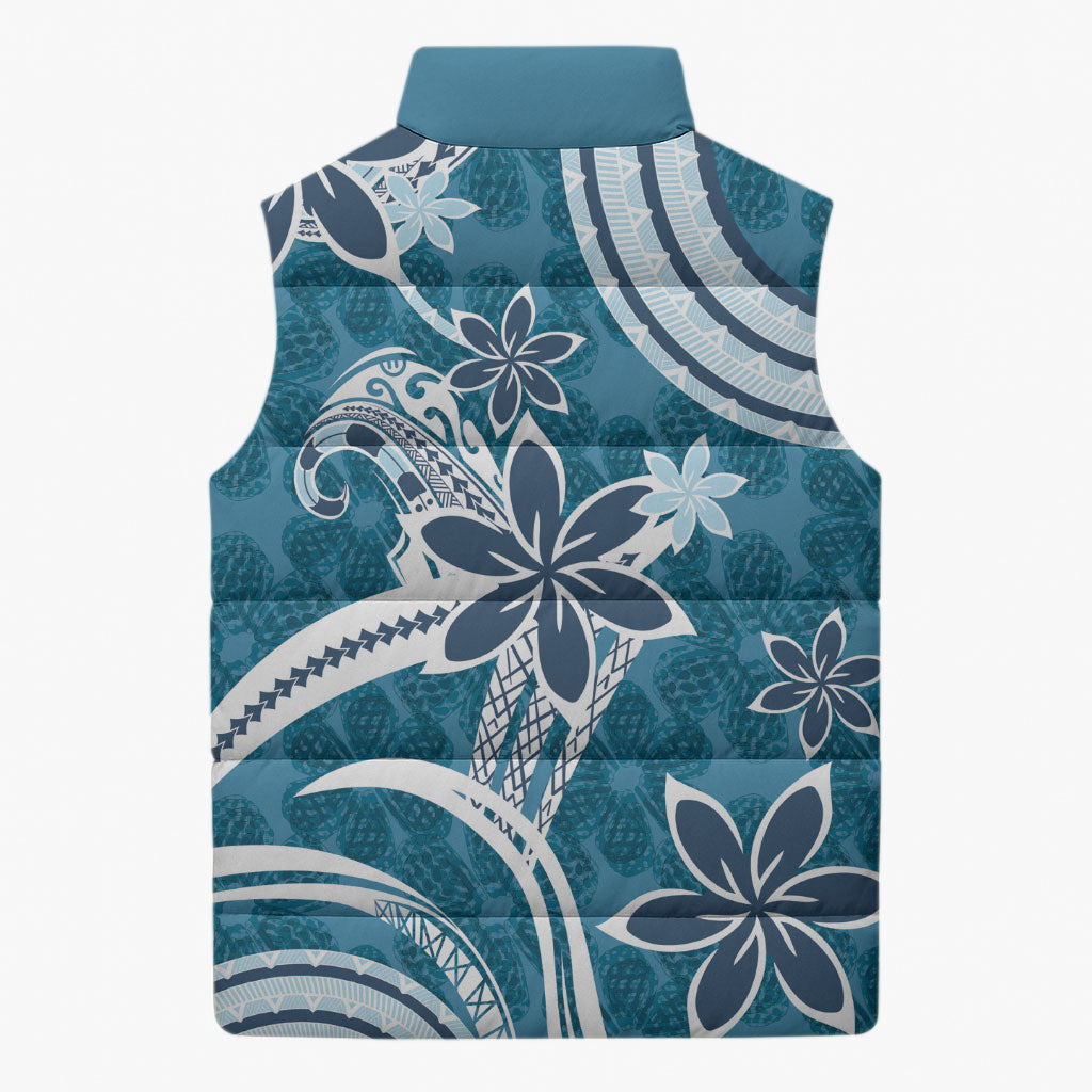 Hawaii Pupuala Plumeria Blue Sleeveless Puffer Jacket Polynesian Pattern LT01 - Polynesian Pride