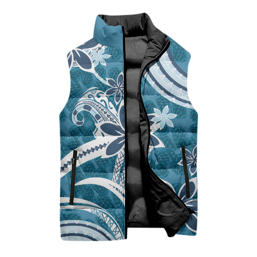 Hawaii Pupuala Plumeria Blue Sleeveless Puffer Jacket Polynesian Pattern LT01 - Polynesian Pride