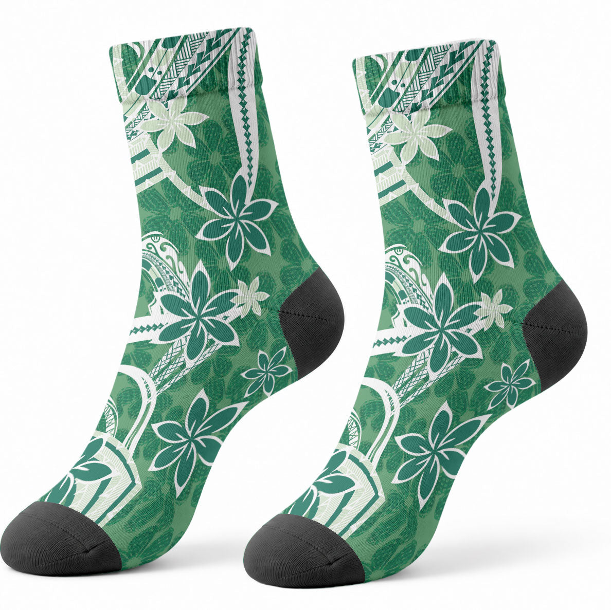 Hawaii Pupuala Plumeria Green Crew Socks Polynesian Pattern LT01 - Polynesian Pride