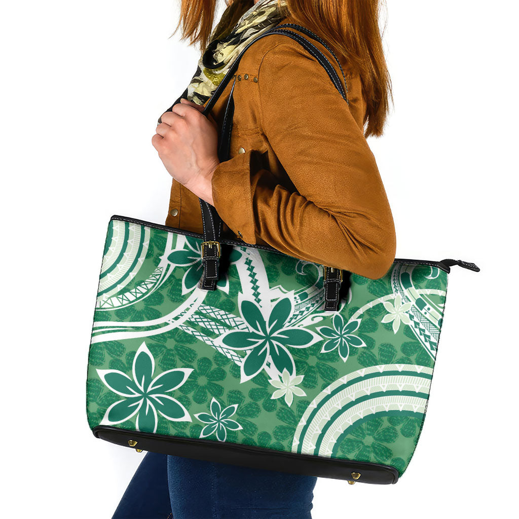 Hawaii Pupuala Plumeria Green Leather Tote Bag Polynesian Pattern LT01 Green - Polynesian Pride