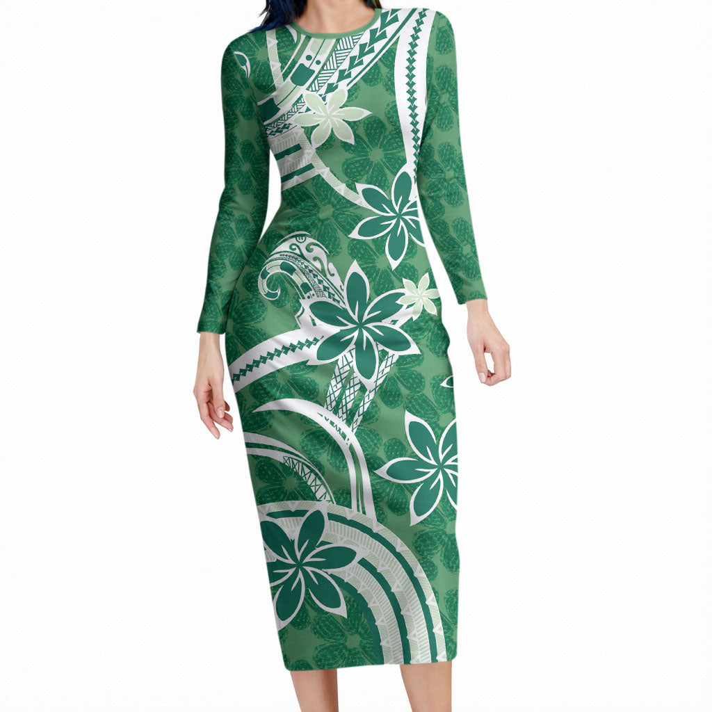Hawaii Pupuala Plumeria Green Long Sleeve Bodycon Dress Polynesian Pattern LT01 Long Dress Green - Polynesian Pride