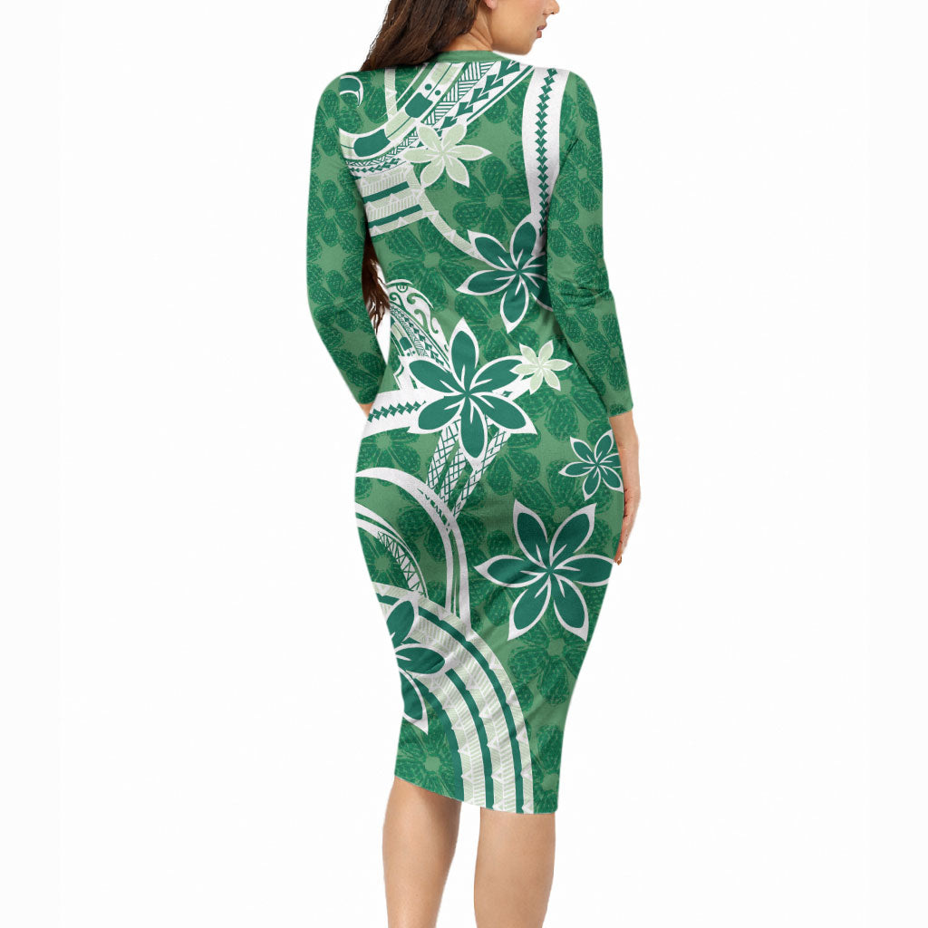 Hawaii Pupuala Plumeria Green Long Sleeve Bodycon Dress Polynesian Pattern LT01 - Polynesian Pride