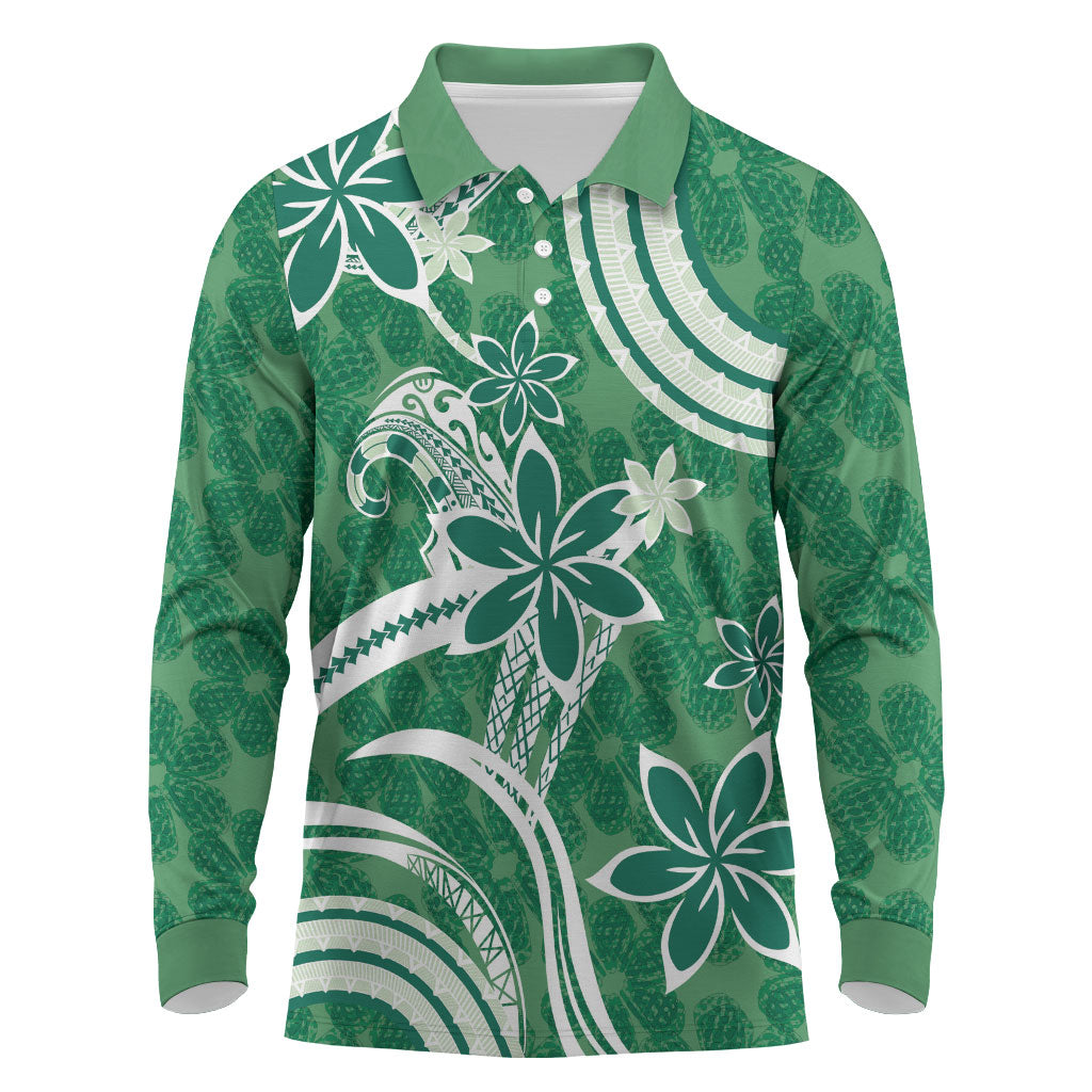 Hawaii Pupuala Plumeria Green Long Sleeve Polo Shirt Polynesian Pattern LT01 Green - Polynesian Pride