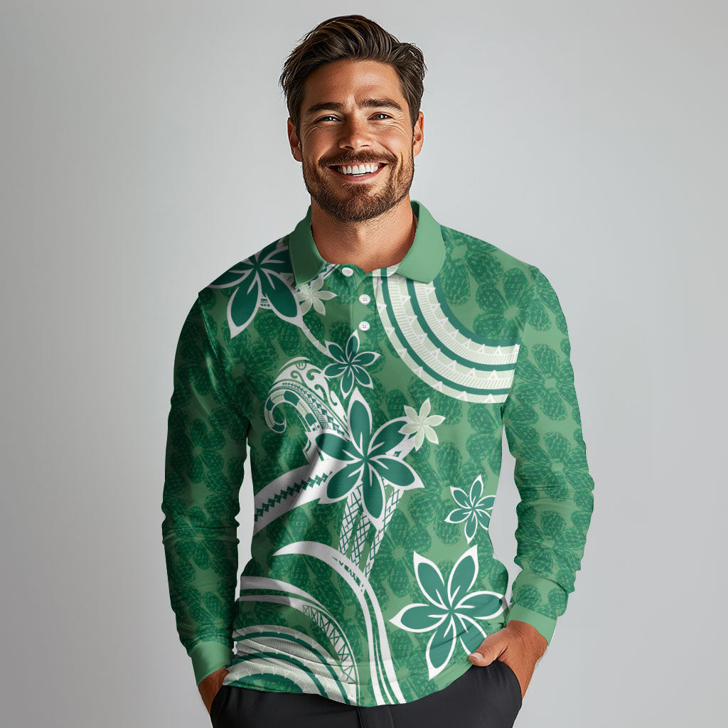 Hawaii Pupuala Plumeria Green Long Sleeve Polo Shirt Polynesian Pattern LT01 - Polynesian Pride