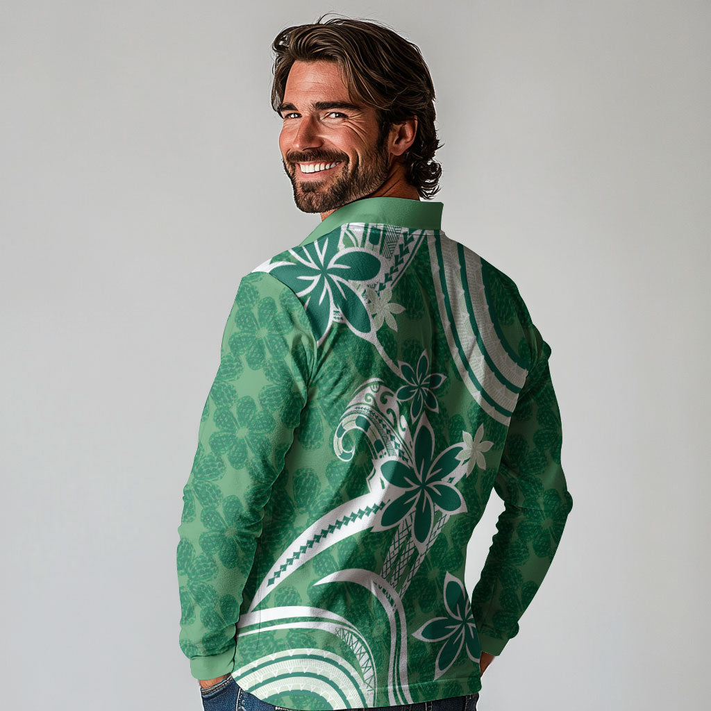 Hawaii Pupuala Plumeria Green Long Sleeve Polo Shirt Polynesian Pattern LT01 - Polynesian Pride