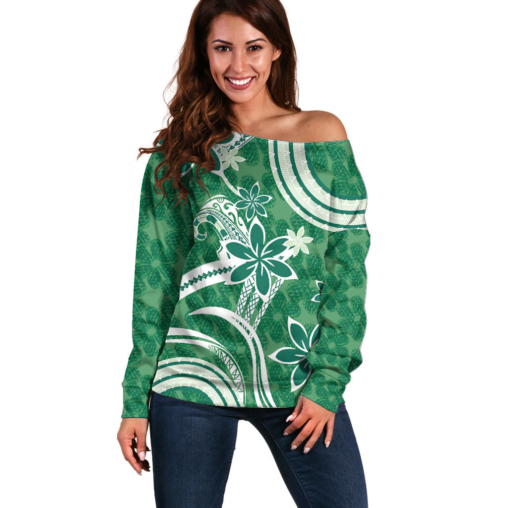 Hawaii Pupuala Plumeria Green Off Shoulder Sweater Polynesian Pattern LT01 Women Green - Polynesian Pride