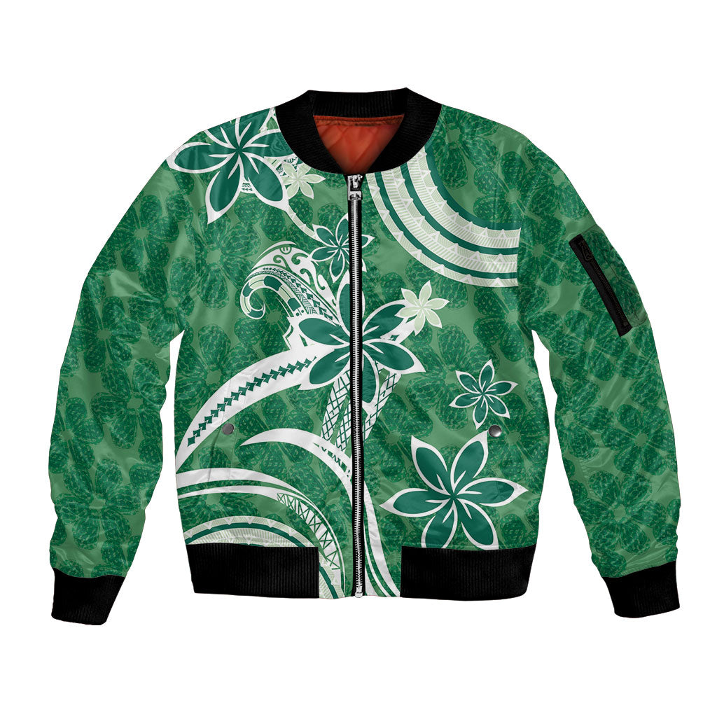 Hawaii Pupuala Plumeria Green Sleeve Zip Bomber Jacket Polynesian Pattern LT01 Unisex Green - Polynesian Pride
