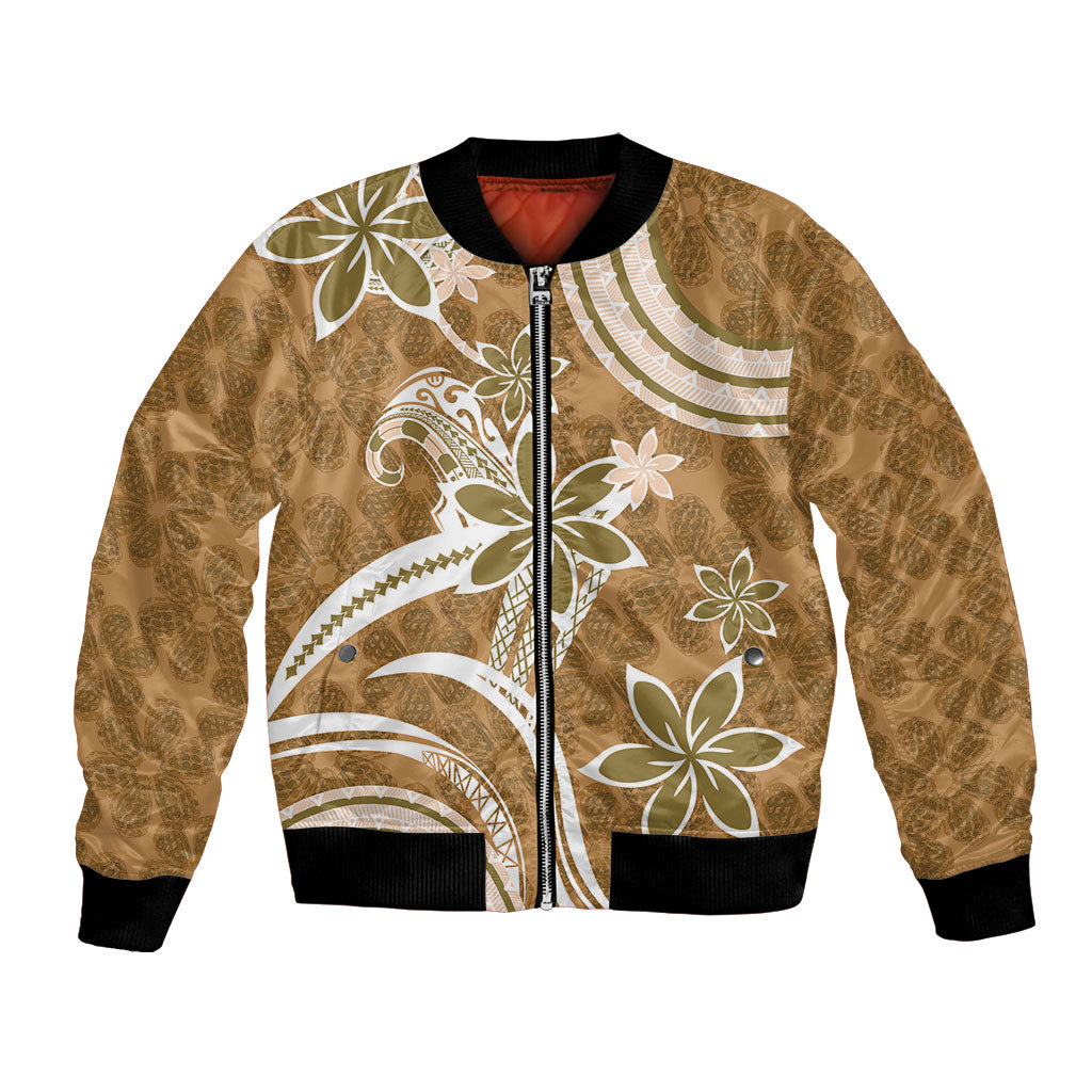 Hawaii Pupuala Plumeria Light Brown Bomber Jacket Polynesian Pattern LT01 Unisex Light Brown - Polynesian Pride