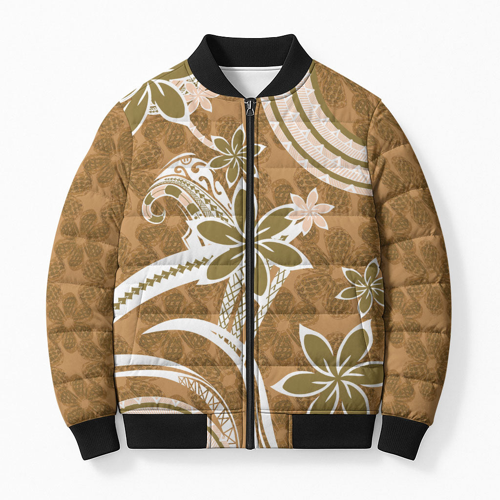 Hawaii Pupuala Plumeria Light Brown Bomber Puffer Jacket Polynesian Pattern LT01 Unisex Light Brown - Polynesian Pride