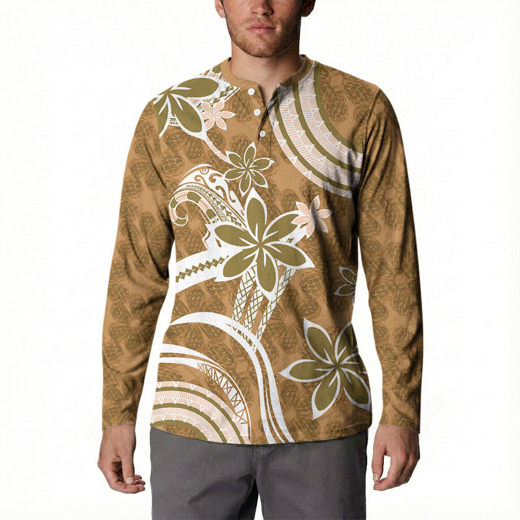 Hawaii Pupuala Plumeria Light Brown Button Sweatshirt Polynesian Pattern LT01 - Polynesian Pride