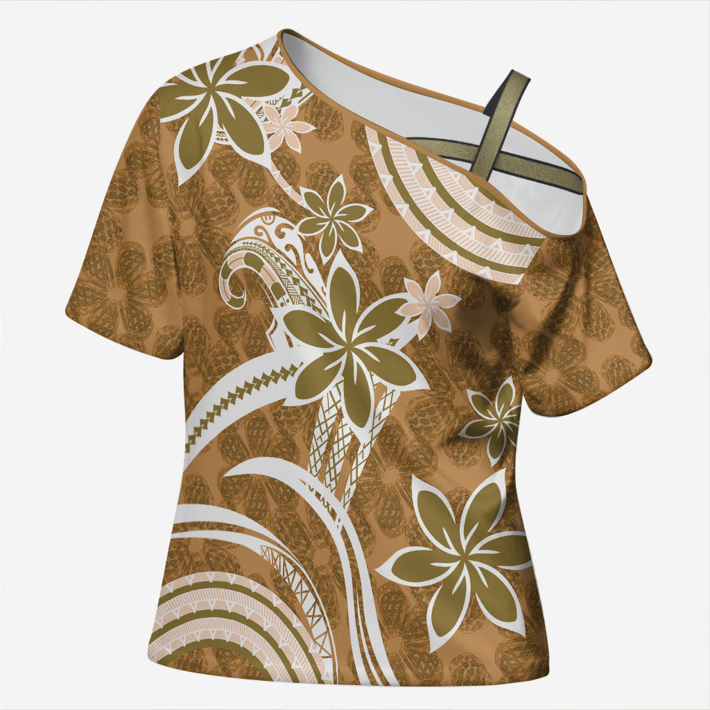 Hawaii Pupuala Plumeria Light Brown Cross Shoulder Shirt Polynesian Pattern LT01 Female Light Brown - Polynesian Pride
