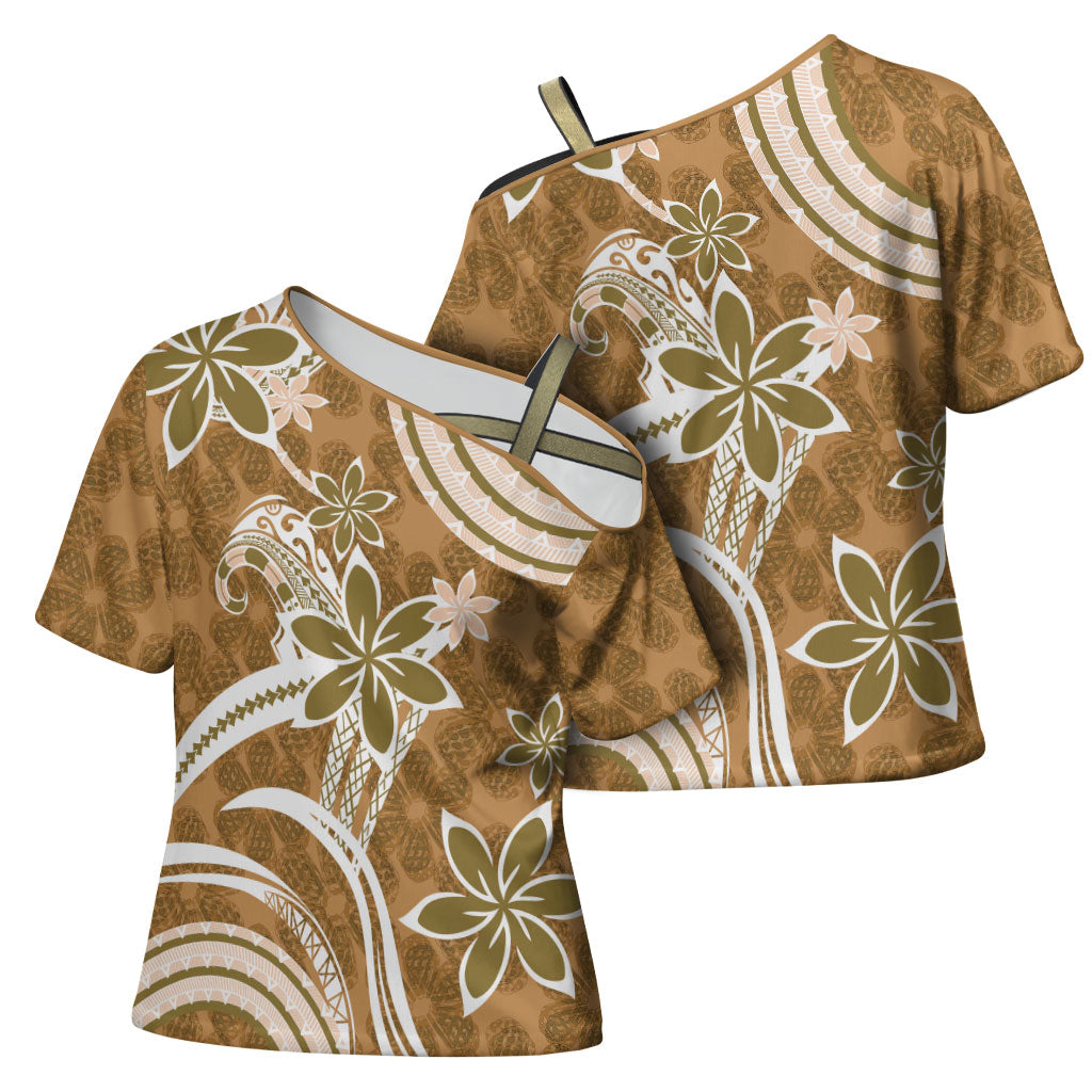 Hawaii Pupuala Plumeria Light Brown Cross Shoulder Shirt Polynesian Pattern LT01 - Polynesian Pride