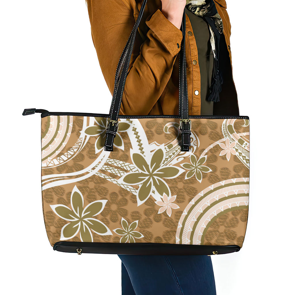 Hawaii Pupuala Plumeria Light Brown Leather Tote Bag Polynesian Pattern LT01 - Polynesian Pride