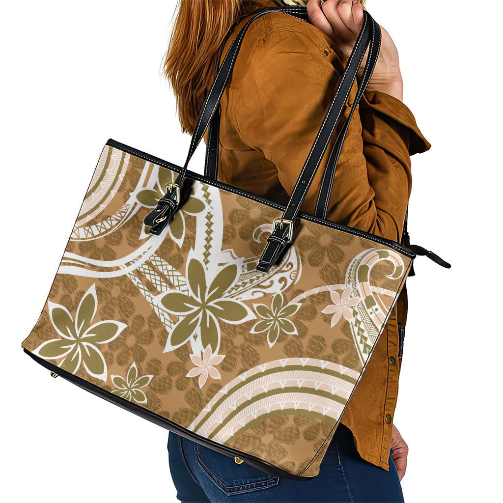 Hawaii Pupuala Plumeria Light Brown Leather Tote Bag Polynesian Pattern LT01 - Polynesian Pride