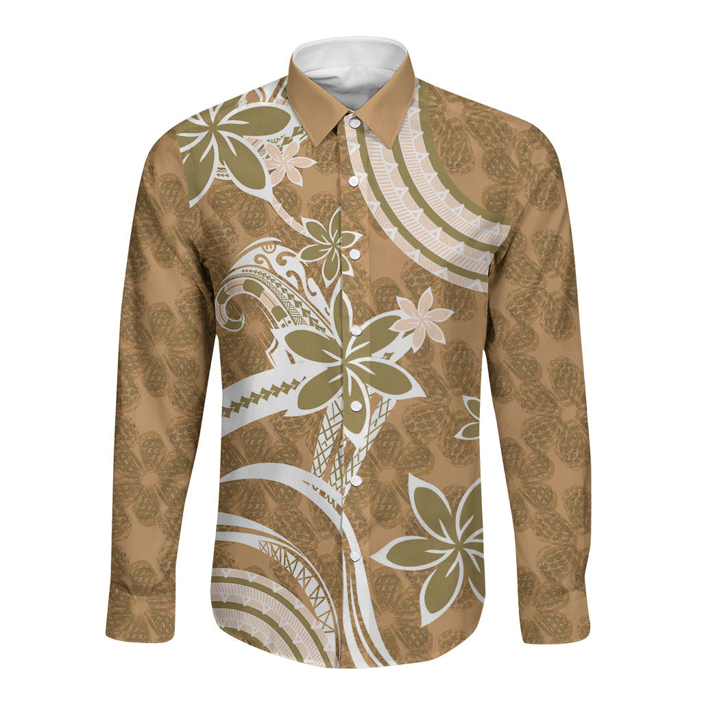 Hawaii Pupuala Plumeria Light Brown Long Sleeve Button Shirt Polynesian Pattern LT01 Unisex Light Brown - Polynesian Pride