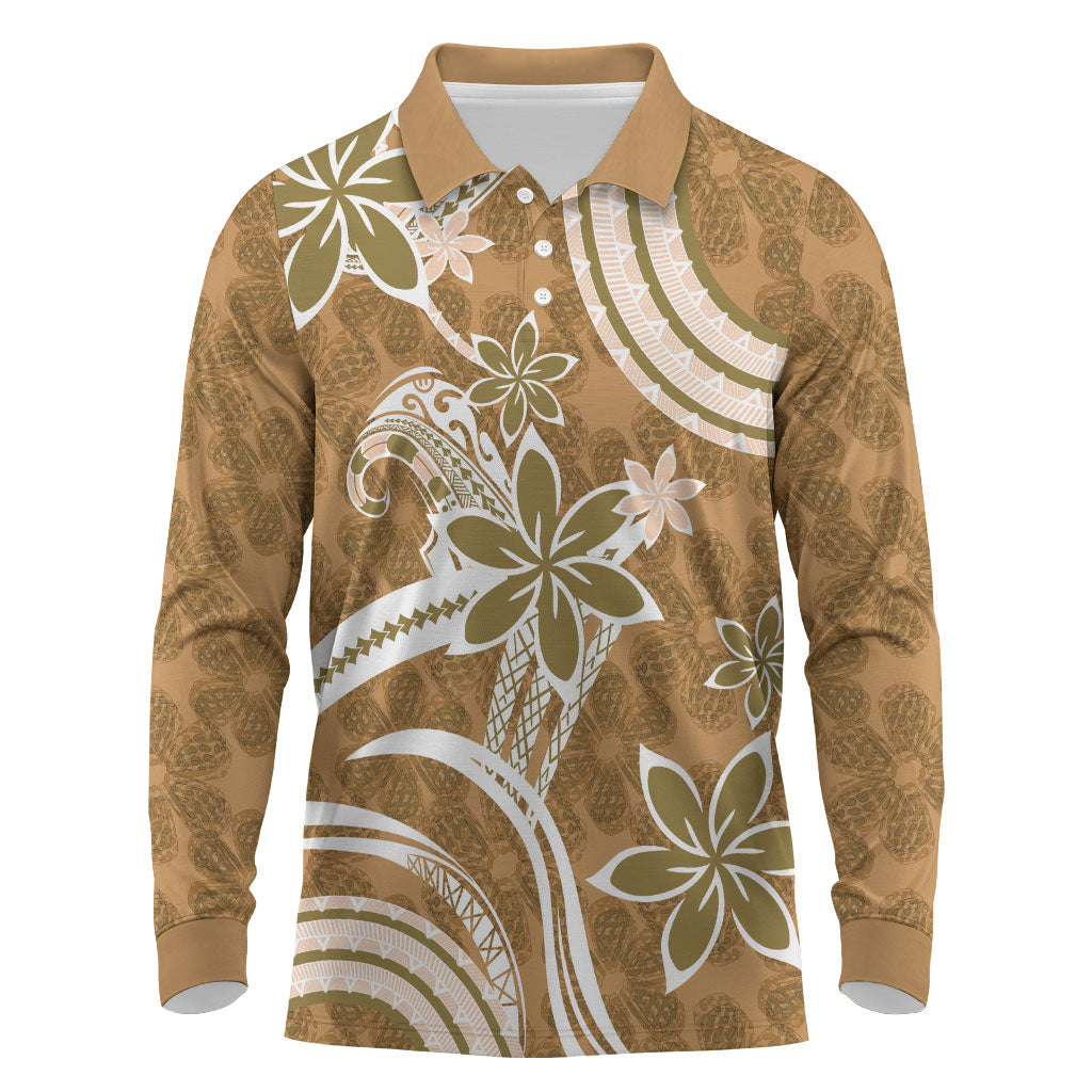 Hawaii Pupuala Plumeria Light Brown Long Sleeve Polo Shirt Polynesian Pattern LT01 Light Brown - Polynesian Pride