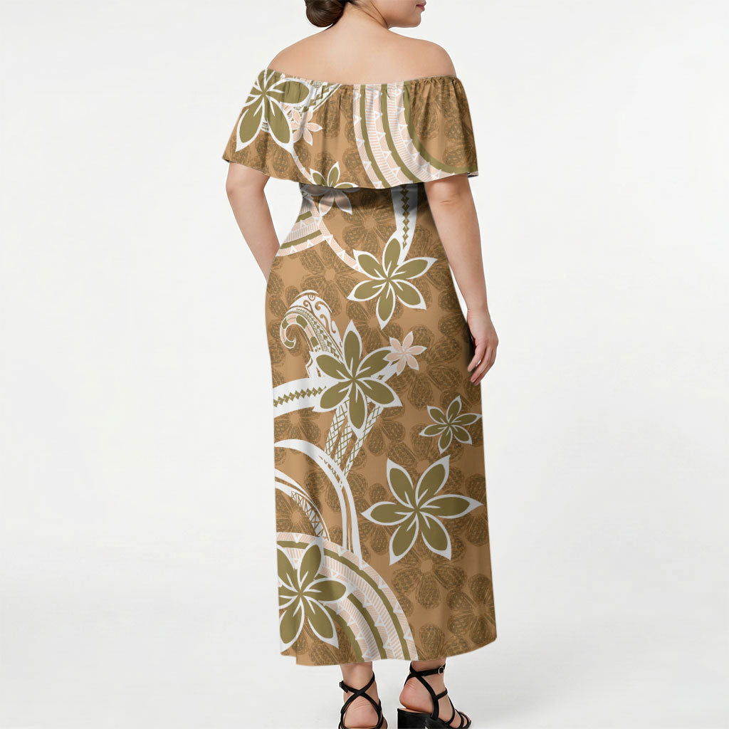 Hawaii Pupuala Plumeria Light Brown Off Shoulder Maxi Dress Polynesian Pattern LT01 - Polynesian Pride